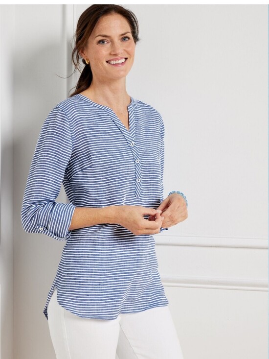 Talbots Tops - Talbots Blue White Striped 100% Linen Popover Blouse Top Roll Tab XLP